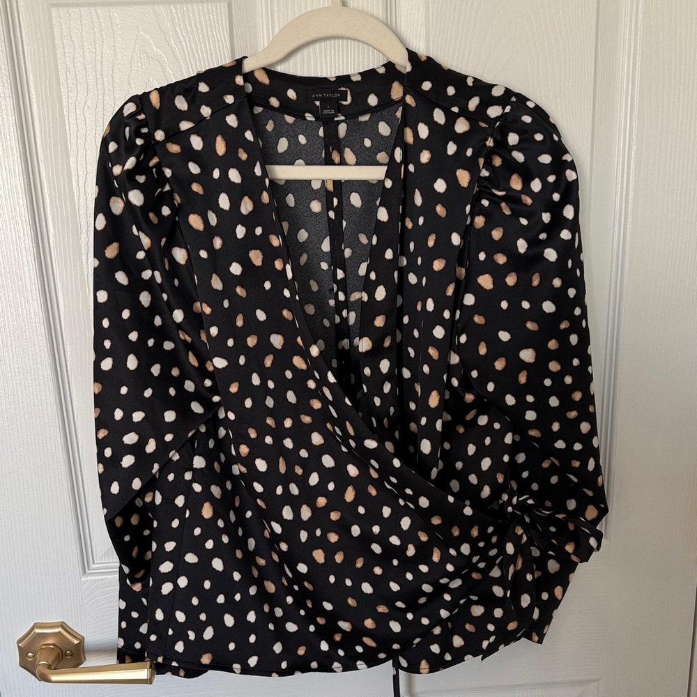 Ann Taylor Black Blouse with White and Tan Dots
